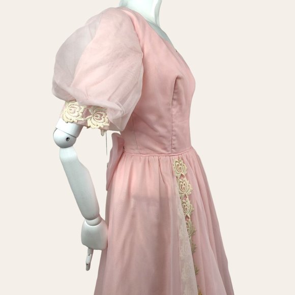 Vintage 1960s Sheer Pink Party Dress Prom Dress MOD MCM Puff Sleeves Lace Prince - Picture 7 of 14